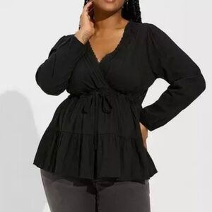 TORRID Babydoll Cotton Surplice Tiered Tie Top Black V-Neck Blouse Plus 4 4X